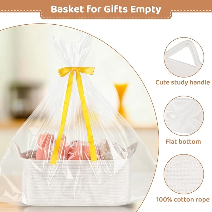 OIASKET Empty Gift Baskets for Baby Shower, 15.4"L x 11.4"W x 6.7"H Cute Woven Storage Basket with Gift Bags and Ribbons, Small Rope Toy Basket with Handles, Cat Dog Pet Toy Organizer - Small White