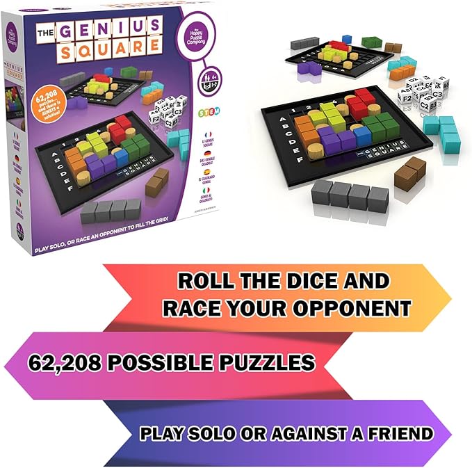 The Genius Square from The Happy Puzzle Company – Game of The Year Award Winner, 60000+ Solutions STEM Puzzle Game. Roll Dice, Race Your Opponent to Fill Grid with Different Shapes!