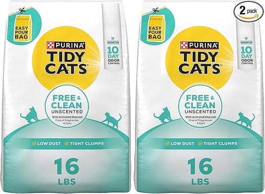 Purina Tidy Cats Clumping Cat Litter Odor Control, Free and Clean Unscented Multi Cat Litter - 16 lb. Bag (Pack of 2)