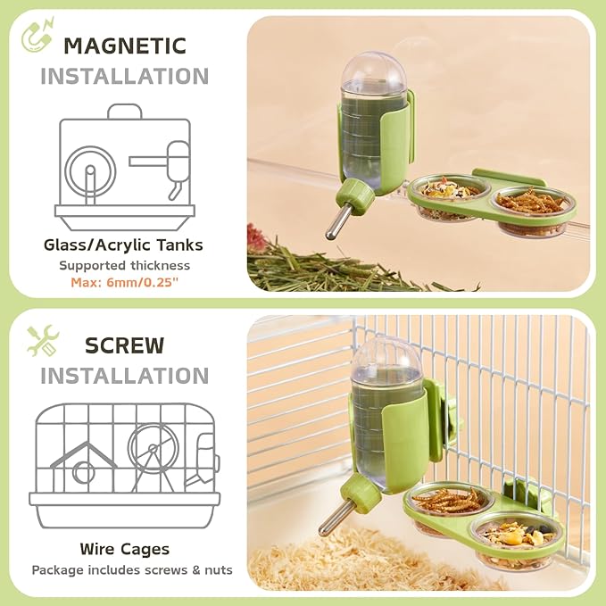 Magnetic Reptile Feeding Ledge with 2 Pack Plastic Bowls Food Feeder Water Dish for Crested Gecko Dwarf Hamster (Green, Magnetic-Mounted)