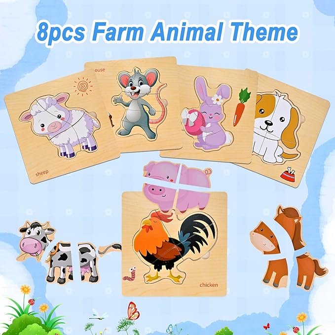 8pcs Wooden Puzzles for Toddlers 1-2-3-4, Farm Toddler Puzzles Ages 1-2-3-4, Montessori Educational Jigsaw Toys Preschool Puzzle Christmas Birthday Gift for Kids Girl Boy 1-4 Year Old