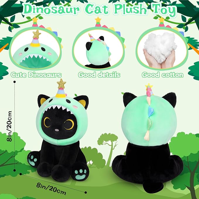 Dinosaur Plush, 8inches Black Cat Plush with Green Dino Plushie Hood Removable, Cute Plushies Shiny Dinosaur Stuffed Animal Doll Toy Birthday Gifts for Kids Boys Girls