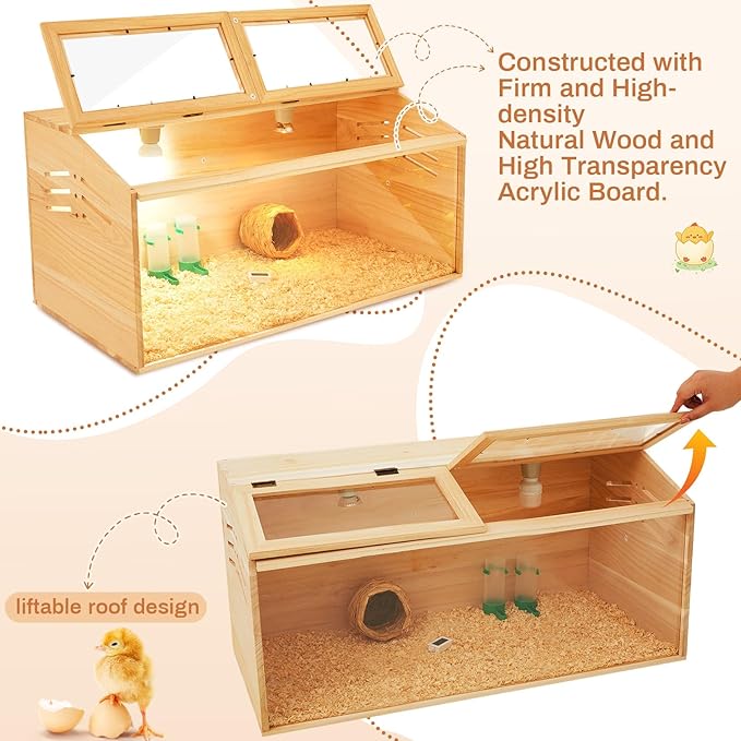 CroBlissful 32 x 16 x 16 in Brooder Box for Chicken Quails Stand Sliding Door, Bulb Set and Feeder, Indoor Chicks Coop Brooder Box Kit, for Ducks, Hamsters, Lizards, Mice, Rat(No Legs, Wooden)