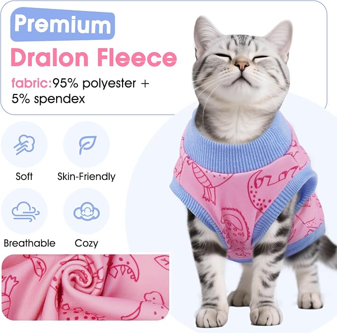 DENTRUN Sleeveless Cat Vest, Dinosaur Print & Ultra-Soft Dralon Fleece | Breathable, ultra-soft Dralon fleece, dinosaur print, sleeveless for freedom, all-season indoor/outdoor wear, XS-XXL sizes