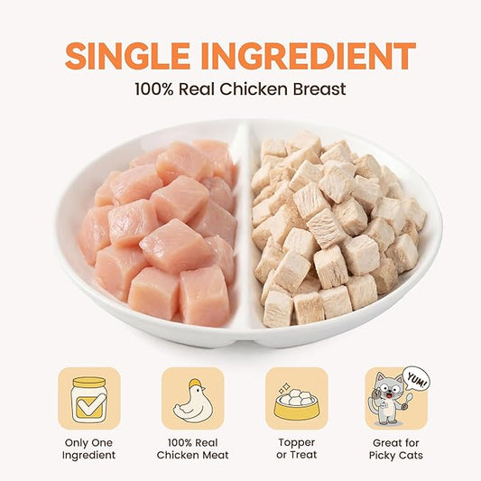 Freeze Dried Chicken Cat Treats, Single Ingredient Chicken Breast Cat Snacks, High Protein Grain-Free Food Topper for Picky Cats, 4 oz