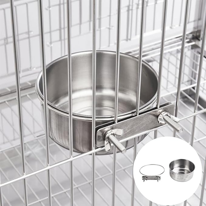 Bird Bowls for Cage Stainless Steel, Parakeet Feeding Dish Cups with Clamp Holder, Hanging Hamster Foraging Food Water Bowl for Parrot Cockatiel Budgies Bunny Hedgehog Dog Cat (3.9*1.8inch,Silver)