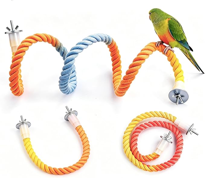 Colorful Flexible Bird Rope Perch for Small & Medium Parrots - Bendable Cotton Rope Parrot Perch Set, 3-Size Perches for Cage, Parakeet, Cockatiel, Lovebird Bird Accessories