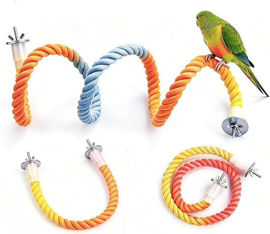 Colorful Flexible Bird Rope Perch for Small & Medium Parrots - Bendable Cotton Rope Parrot Perch Set, 3-Size Perches for Cage, Parakeet, Cockatiel, Lovebird Bird Accessories