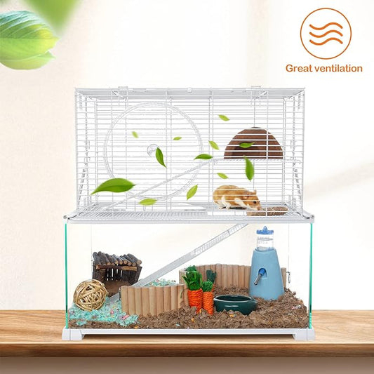 3 Tiers Large Hamster Cages Glass, Heightened Wire Topper with Two Shelf and Two Ladders Ramps, Openable Top, Easy to Clean Removeable Waterproof PVC Tray Medium