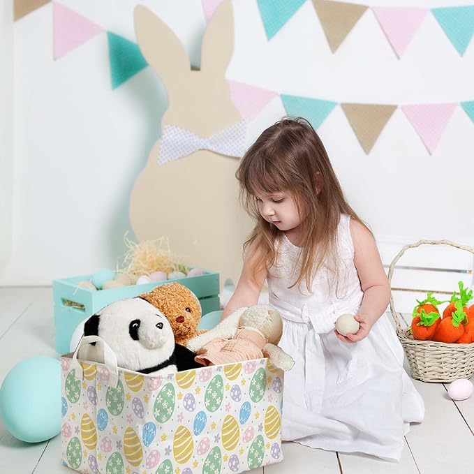 Eggs Rabbit Easter Basket, Colorful Eggs Baby Gift Basket, Empty Toy Nursery Bin, Large Square Canvas Laundry Hamper With a Waterproof PE Coating, Foldable Girls Toy Clothes Bins for Bedroom