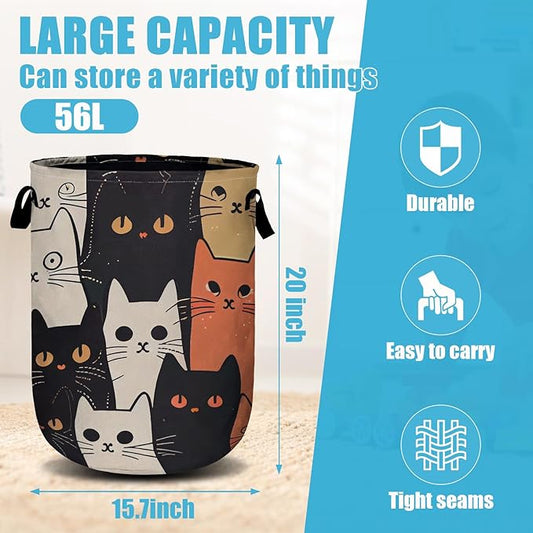 Watercolor Funny Cat Laundry Basket, Laundry Hamper Collapsible Oxford Cloth with Handle Clothes Storage Bin for Bathroom Laundry Room Bedroom 15.7 X 20 Inch