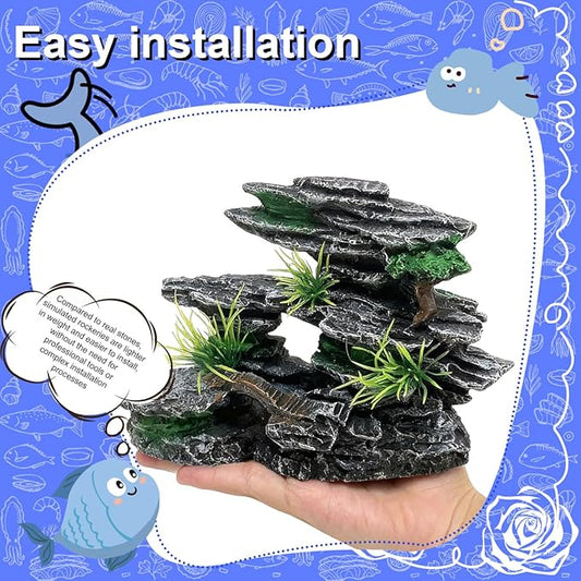 Artificial Rockery with Aquatic Plants for Aquarium Decoration - Easy-to-Clean Christmas Decoration for Betta Fish Tanks (1 Artificial Rockery, 4 Aquatic Plants)