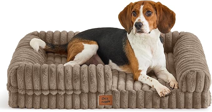 ChiXnuggle Orthopedic Dog Bed with Bolster Sides for Sleeping, Fluffy Plush Rectangular Dog Bed Large Sized Dog, Luxury Striped Faux Fur Waterproof Dog Couch with Removable Washable Cover, Taupe