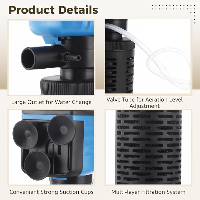 Submersible Aquarium Filter, 35W Aquarium Pump with Filtration, Aeration, and Water Circulation, Low-Noise Internal Fish Tank Filter for Saltwater and Freshwater