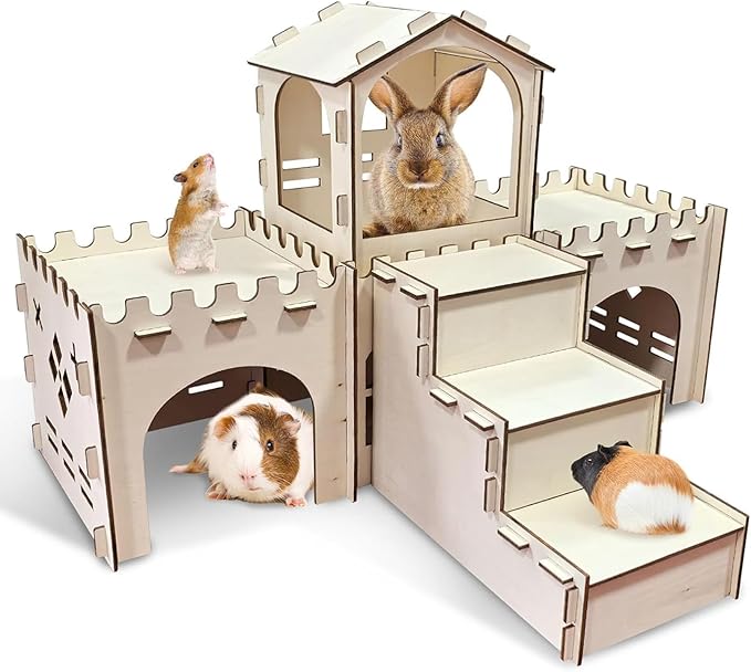 PINVNBY Extra Large Bunny Castles Hideout, Wooden Rabbit House Hide Climbing Detachable Indoor Wooden Hideaway Castle Tower Tunnel for Small Animal Guinea Pig Hamster Chinchilla Ferret