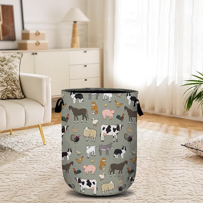 Funny Farm Animal Laundry Basket, Laundry Hamper Collapsible Oxford Cloth with Handle Clothes Storage Bin for Bathroom Laundry Room Bedroom 15.7 X 20 Inch