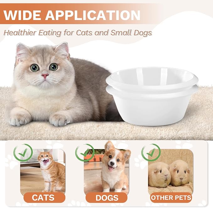 2PCS Cat Bowls Pet Feeding Dish 6.3 Inch, Wide Pet Bowl Pet Feeding Bowl for Indoor Cats, Replacement Food and Water Bowl, Wide Shallow Feeder Bowls for Kitten, Puppy, Rabbit (White)