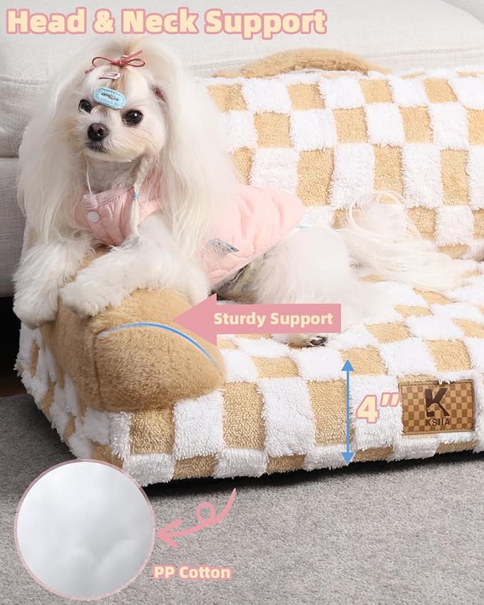 KSIIA Dog Bed Small Dog Beds Waterproof Cat Couch with Supportive Armrests for Puppy and Kitten Pet Couch Machine Washable Pet Sofa with Removable Cover & Anti-Slip Bottom, 26 x 14.5 in, Khaki