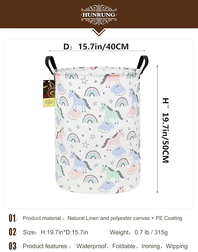 Collapsible Fabric Storage Basket, Waterproof Laundry Hamper with Handles, Round Storage Bin for Clothes Toys, Foldable Organizer for Bedroom Nursery Bathroom(Round-Star Unicorn)