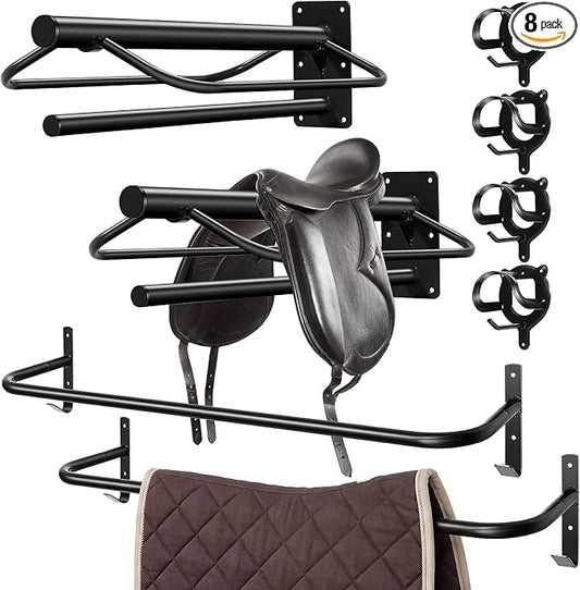 Paterr 8 Pack Horse Tack Storage Rack, Include 2 Saddle Holders, 4 Wall Mounted Bridle Hooks and 2 Blanket Bars, Detachable Heavy Duty Stable Metal Tack Organizer for Barn Stable Rack Room