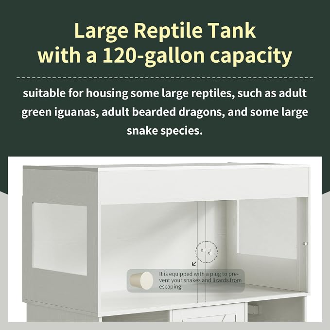 Herture 120 Gallon Terrarium with Stand, 4x2x2 Reptile Enclosure Tank for Bearded Dragons Snakes Lizards, Large Vivarium Habitat with Storage & Power Strip White PX07RTW