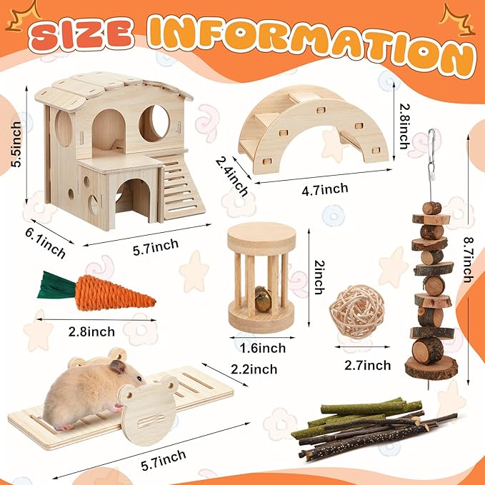8 Pcs Hamster Cage Accessories Hamster Starter Kit with Maze Wood House, Bridge, Seesaw, Chew Toys Set for Gerbils and Mice Small Animals Habitat Supplies(Fun Villa)