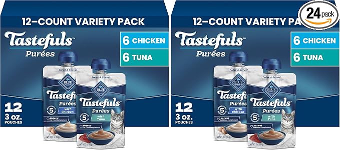 Blue Buffalo Tastefuls Purées Variety Pack, Natural Cat Food Complement, Resealable Twist Cap Pouches, Chicken and Tuna, 3-oz (Pack of 24), 12 of Each Flavor