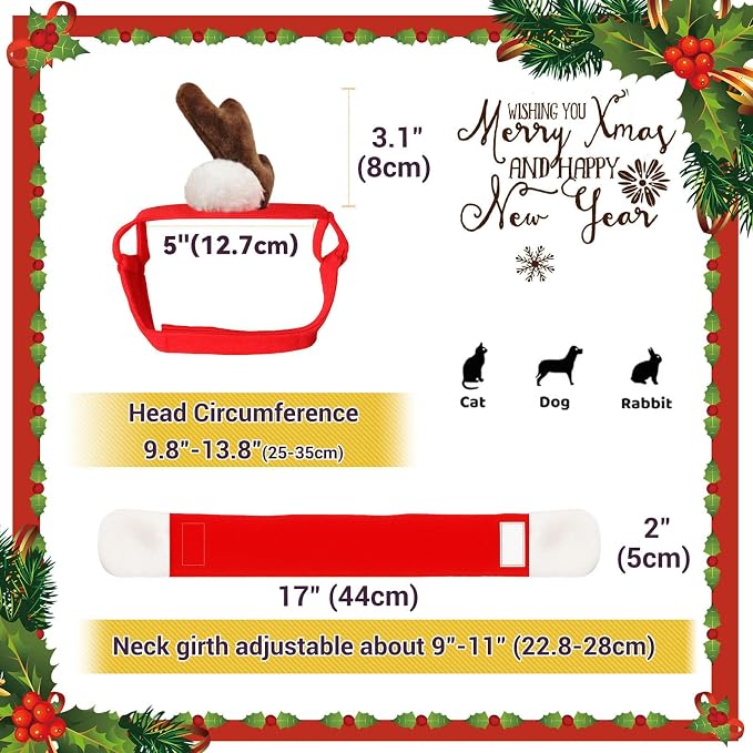 NAMSAN Cat Christmas Reindeer Costume, Small Dog Max Antler with Santa Scarf, Xmas Small Pet Single Reindeer Headband Scarf Outfit, Adjustable Cat Elk Antler and Red Scarves for New Year Cosplay