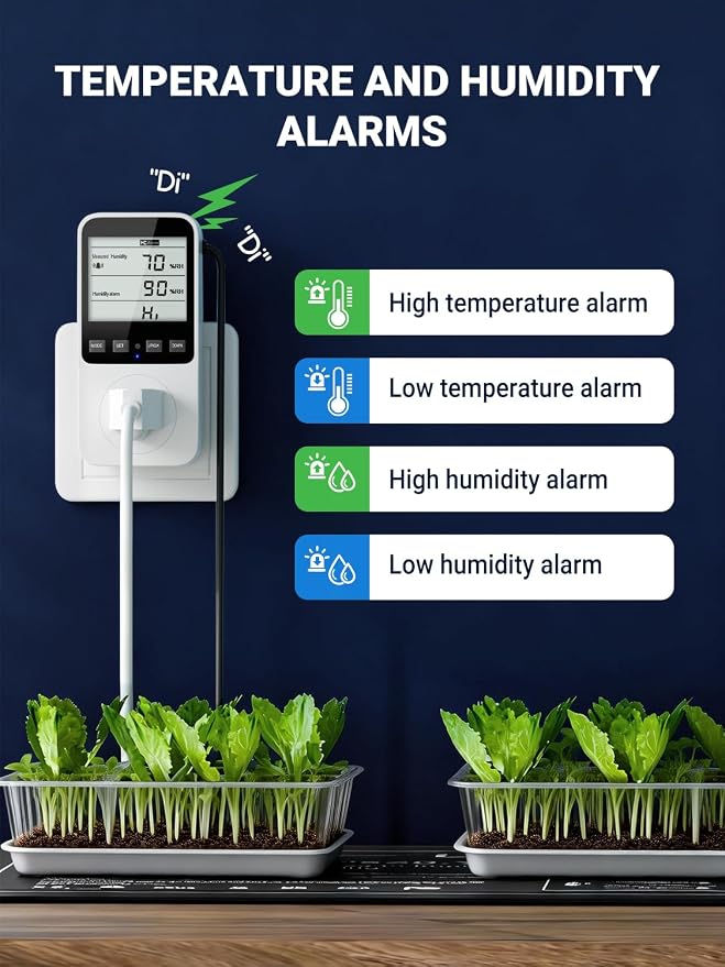 Temperature and Humidity Controller Plug in, Thermostat Controlled Outlet for Humidifier | Temperature Humidity Alarms | Digital Humidistat Controller Switch for Mushroom, Greenhouse, Reptile