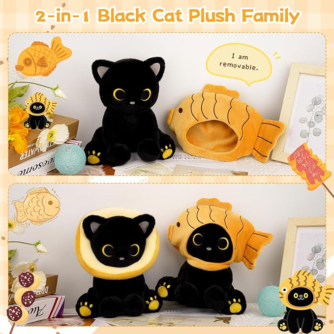 Fish Stuffed Animal Cat Plush, 8inches Black Cat Plush with Brown Taiyaki Hood Removable, Kawaii Stuffed Kitten Doll Toy Cute Plushies for Girls Kids Boys，Christmas Birthday Gifts