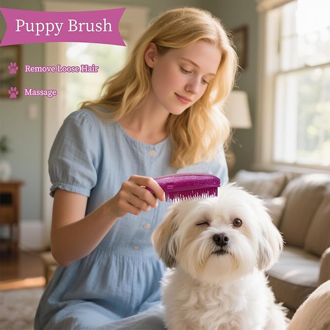 Comma-Shaped Small Dog Brush, Fit for Yorkie, Shih Tzu, Maltese Maltipoo Pomeranian - Gentle Soft Bristles for Effortless Pet Hair Removal, Puppy Essentials (Crystal Rose Red)