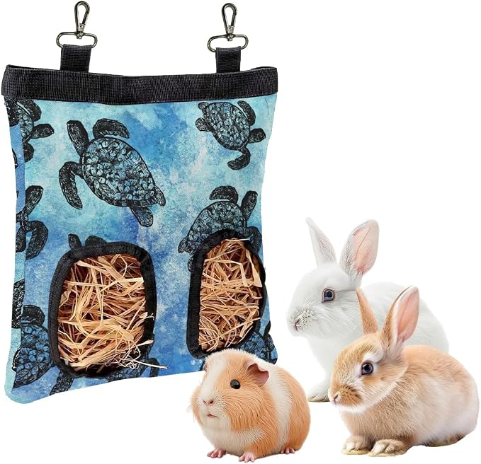 WIRESTER Oxford Hanging Guinea Pig Hay Feeder 11x9 Inch, Rabbit Hay Feeding Storage Bag for Bunny Chinchilla Hamster with Back Hooks, 2 Holes - Ocean Sea Turtles