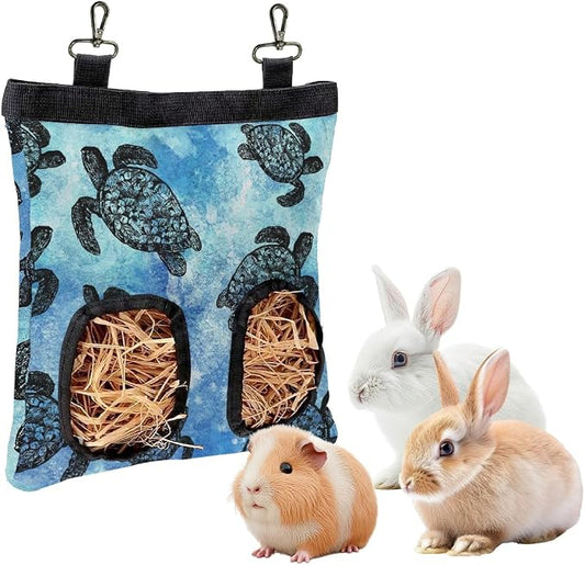 WIRESTER Oxford Hanging Guinea Pig Hay Feeder 11x9 Inch, Rabbit Hay Feeding Storage Bag for Bunny Chinchilla Hamster with Back Hooks, 2 Holes - Ocean Sea Turtles
