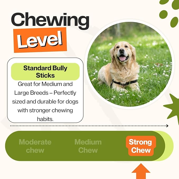 Bully Sticks - Chew Toys for Aggressive Chewers, Standard 6 Inch (5 Count), 100% Grass-Fed, Single Ingredient, Rawhide-Free, Free Range, Long Lasting
