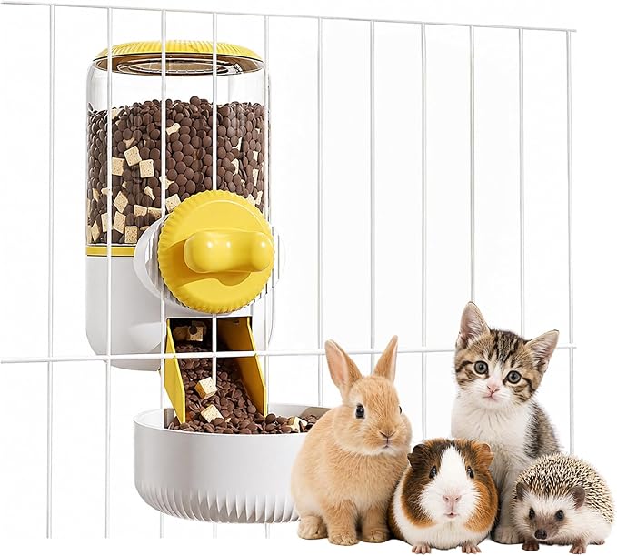 GPY Automatic Hanging Rabbit Feeder for Cages, 44oz Large Capacity Pet Food Dispenser, Bunny Feeder Guinea Pig Hedgehog Ferret Puppy Food Dispenser Small Animal Automatic Feeders（Feeder only, Yellow