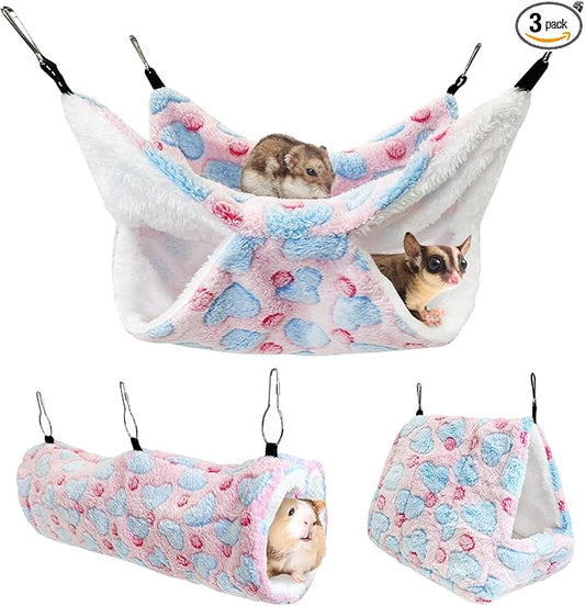 PINVNBY 3 PCS Ferret Rat Hammock Set Hanging Guinea Pig Hideout Bed Small Animals Tunnel Toy Ferret Cage Accessories for Hamster Squirrel Sugar Glider Chinchilla (Pink)