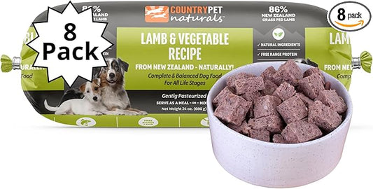 New Zealand Lamb & Veggie Frozen Fresh Dog Food, High-Protein 91% Grass-Fed Free-Range Meat, Gently Cooked, Grain-Free, Omega-3s, 8 Rolls (12 lb Case)
