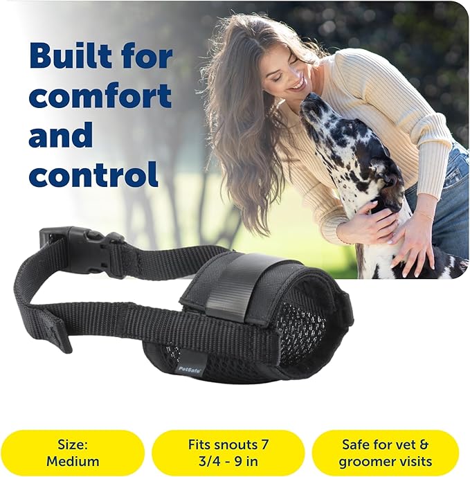 PetSafe Dog Muzzle - Medium, Black - Comfortable Padding - Adjustable Sizing for Small, Medium and Large Dogs - Prevents Biting - Allows Room to Pant - Perfect for Visits to the Vet or Groomer