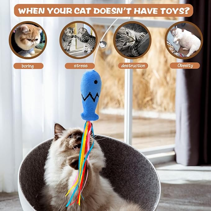 Natural Wood Cat Wand Toy with Ribbon Fish Teaser - 3pcs, 16 Inch, Indoor Cat Exerciser & Playing Kitten Toy, Bonus 5pcs Catnip Sticks for Teeth Cleaning