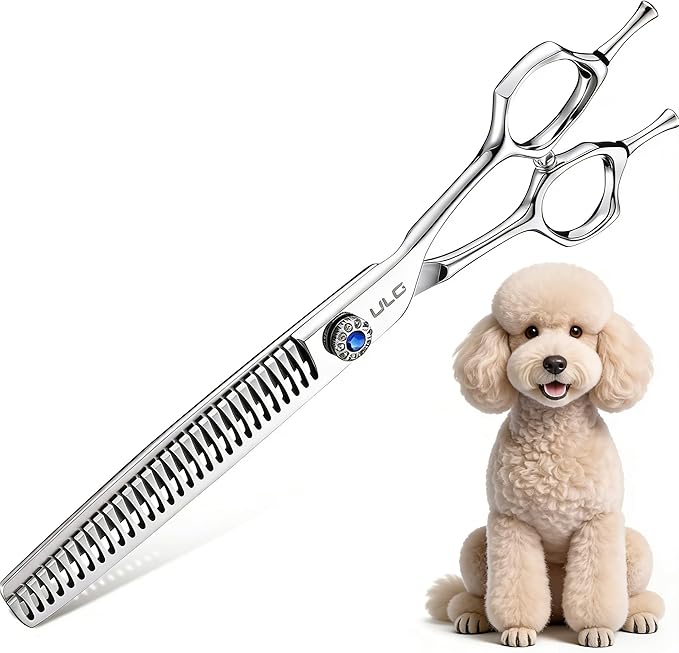 ULG Curved Dog Shears for Grooming, 7 Inch Professional Straight Chunker Dog Grooming Scissors for Trimming and Cutting, Japanese Stainless Steel Pet Hair Scissors, 65%-75% Thinning Rate