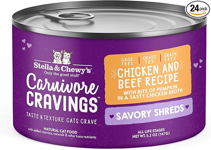 Stella & Chewy's Carnivore Cravings Savory Shreds - Wet Cat Food - High-Moisture Formula with Premium Cage-Free Chicken & Grass-Fed Beef - Perfect for Picky Eaters - 5.2 oz, 24 Count