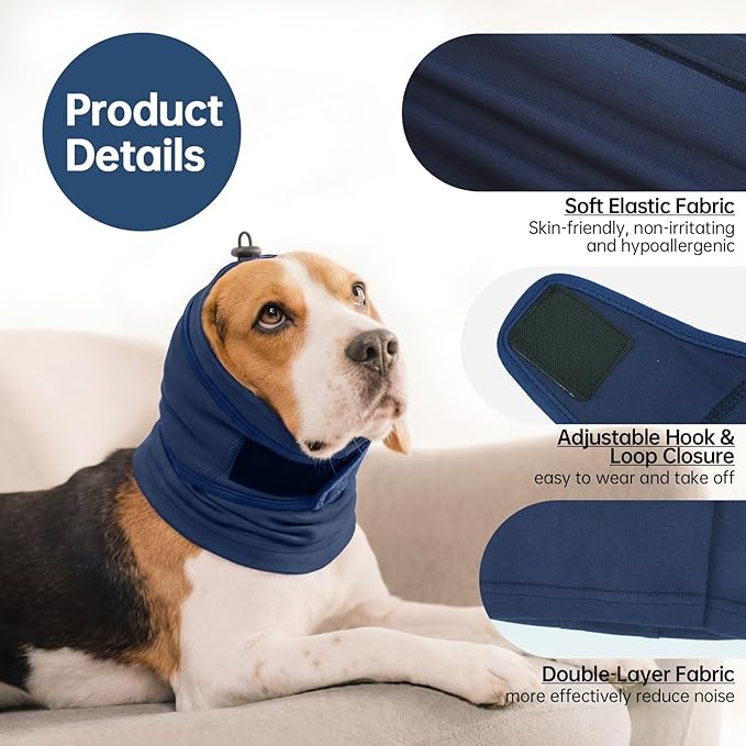 IDOMIK Dog Ear Muffs Noise Protection, Dog Calming Hoodie for Anxiety Relief, Soft Double-Layer No Shake Head Wraps, Quiet Ear Covers for Thunderstorm, Firework, Bath, Grooming & Blow Drying,Blue,M