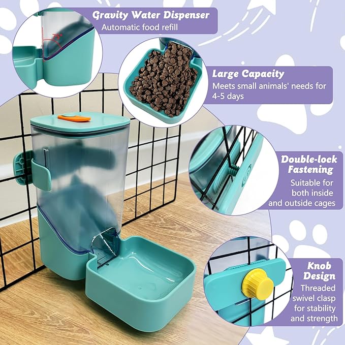 34oz Automatic Rabbit Food Dispenser for Cage Hanging Guinea Pig Feeder No Drip Bunny Food Bowl for Ferret Rat Hamster Chinchilla and Other Small Animals (Green)