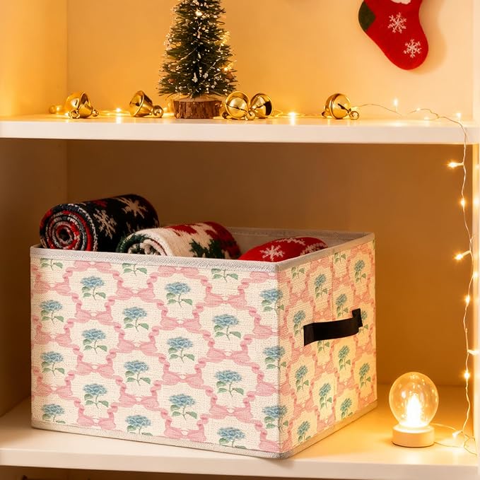 Coquette Pink Bow Blue Hydrangea Floral Storage Bins, Preppy Grandmillennial Hydrangea Flower Foldable Closet Organizers Storage Basket Toybox for Girls Dorm Clothes Bed Sheets Blankets Toys