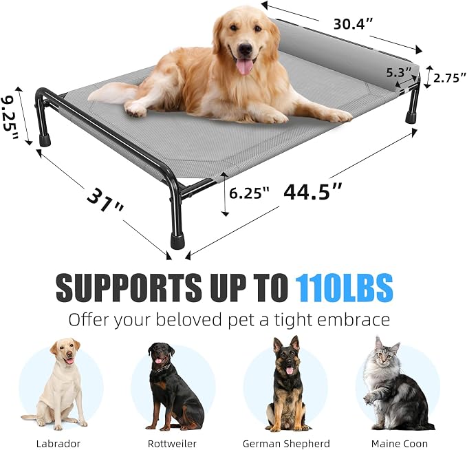 Simple Trending Elevated Dog Bed for Large Dogs, Cooling Raised Pet Cot with Bolster, Breathable Outdoor Couch Bed, 44.5" x 31", Grey