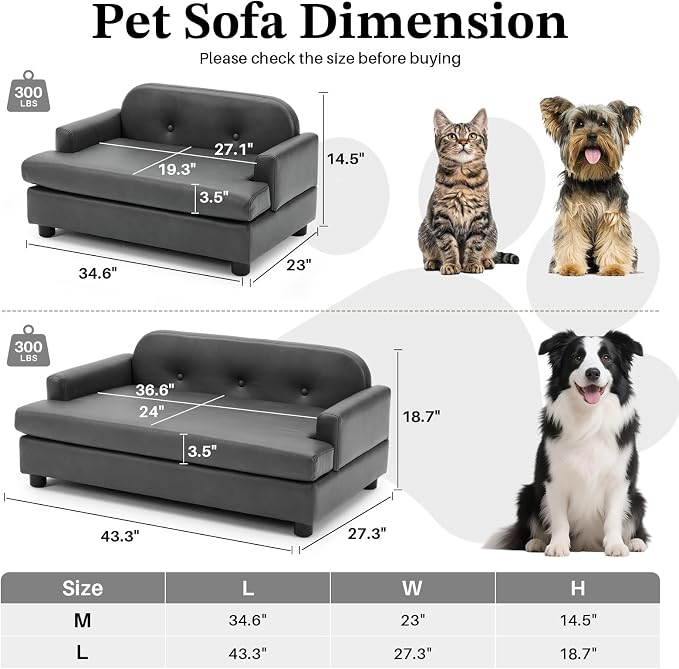 Luxury Dog Sofa Bed Elevated Pet Couch with Durable Waterproof Leather & Orthopedic Sponge - Modern Furniture Style Dog Lounge & Pet Bedside Step for Medium/Large Dogs, Gray