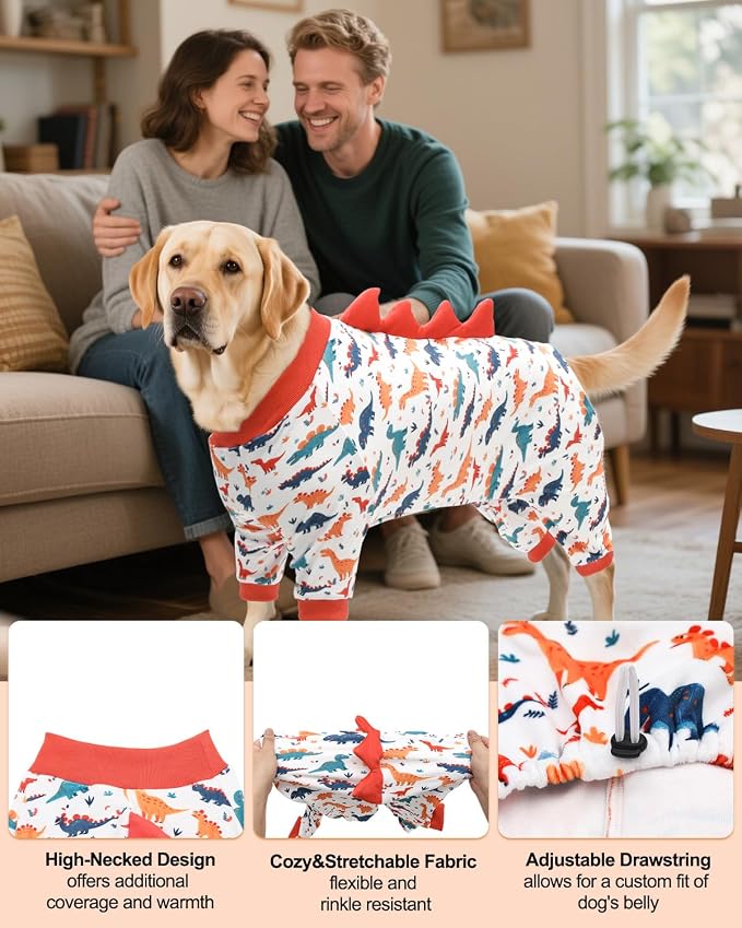 CuteBone Dinosaur Costume Dog Pajamas, Stretchy Spandex Crystal Velvet Sleepwear Coat for Small Dogs, Soft & Warm Pet Outfit Clothes for Cold Weather, Cozy Pullover Design COSP02-3XL