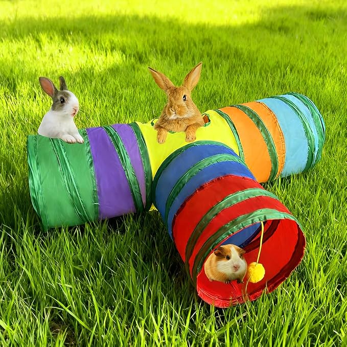 Rabbit Tunnels & Tubes Collapsible 3 Way Rainbow, Play Tunnel Tube Toy with Hanging Ball for Kitten, Puppy, Bunny, Ferret, Interactive Toys for Fun Playtime & Exercise