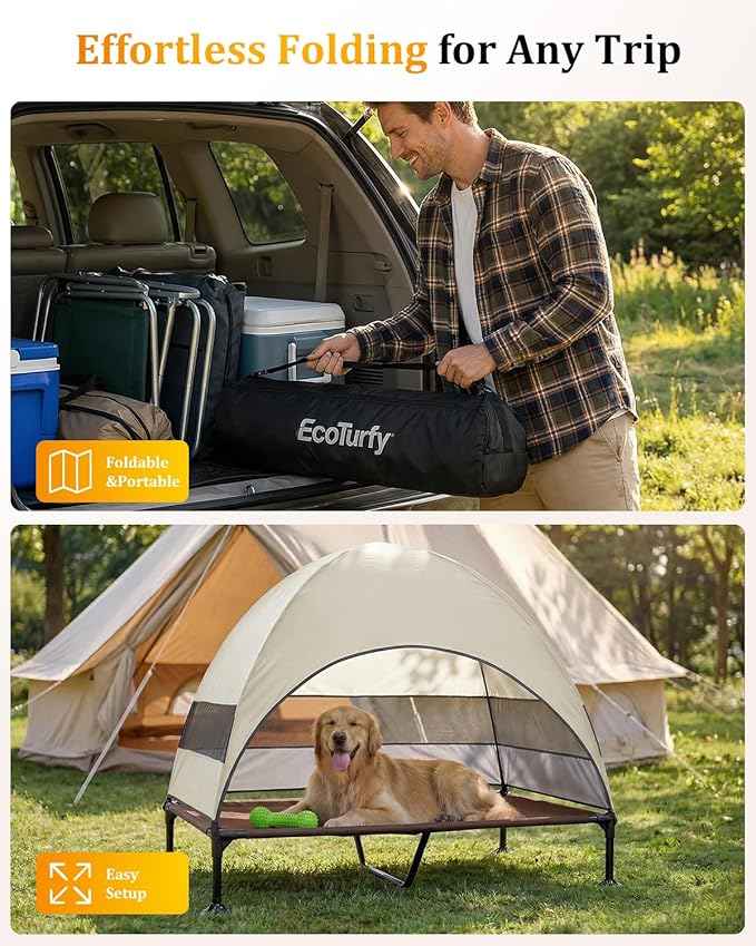 Elevated Dog Bed with Canopy - 3-Sided UV Protection Pet Tent with Wider Shade, Raised Cooling Outdoor Dog Cot with Breathable Mesh for Medium Large Dogs, Portable Bed for Camping, Patio (Khaki, XL)