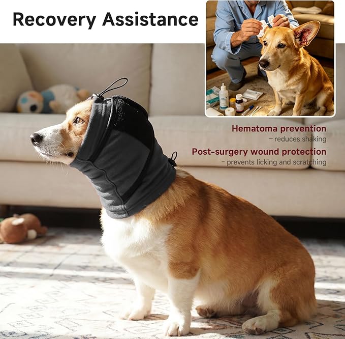 Nanaki Dog Calming Hoodie & Ear Cover, Small July 4th Head Wrap with Ear Pads - No-Shake Hematoma Protection, Noise Cancelling for Fireworks, Grooming, Blow Dryer & Bath,Ear Warmers